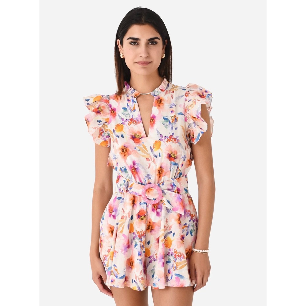 Lavender Brown Floral June Romper Belted Ruffle Sleeve Cottagecore Coquette S